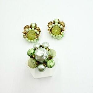 Vintage Beaded Clip on Earrings Ring Sets